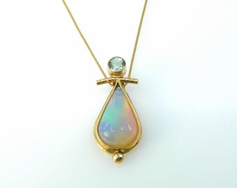 14k Gold, Australian Opal and Aquamarine Necklace, Nordic Fjord Mist Pendant, Handmade Necklace Gift for Women, Rainbow Gems Pendant