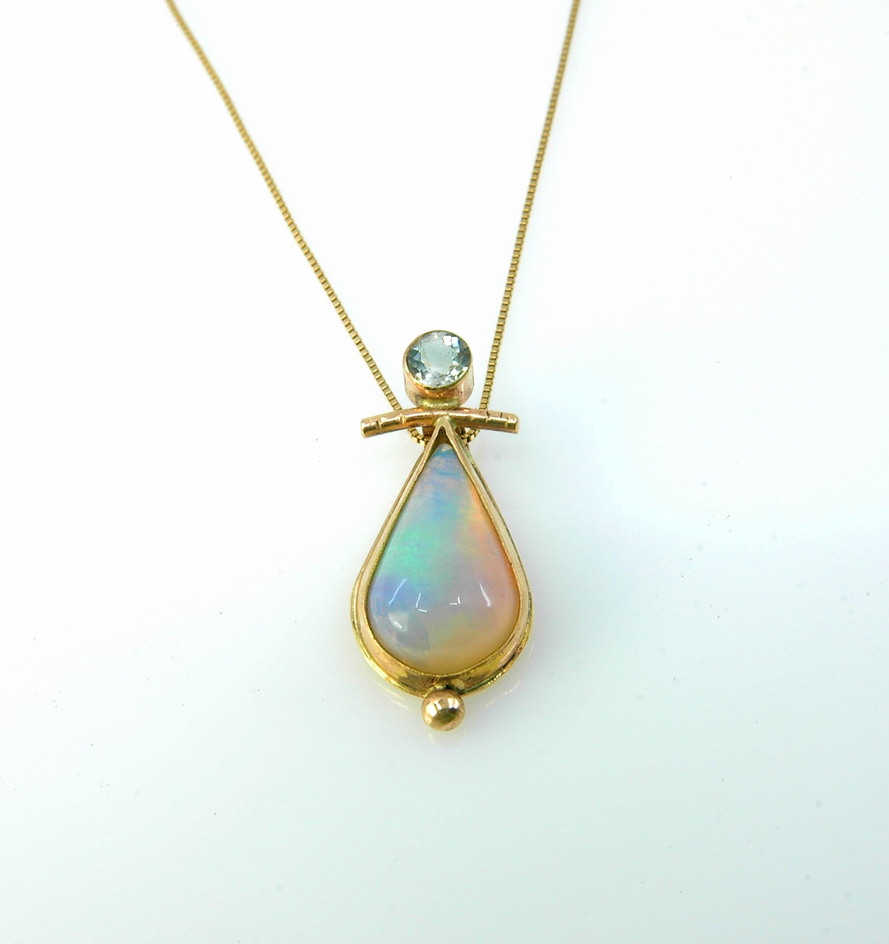 14K Gold Necklace set with Opal and Aquamarine string - Shraga Arad