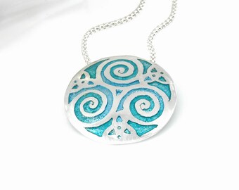 Champleve enamel necklace with Viking triskele design, glass on silver, handmade jewelry