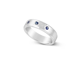 Sterling Silver and Yogo Sapphires Ring, Minimalist Triple Stone Ring Band, Custom Handmade Jewelry Gifts for Men or Women