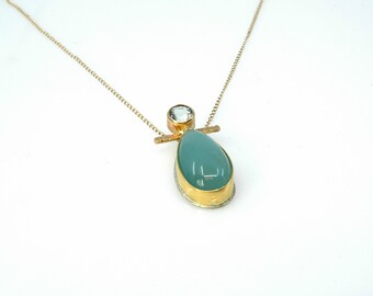 14k Gold and Aquamarine Necklace, Blue and Green Aquamarine Faceted Gem and Pear Cabochon, Handmade Pendant, Custom Gift for Women