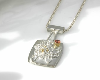 Silver Filigree and Granulation Pendant with Montana Orange Sapphire, Handmade Original Design Nordic jewelry