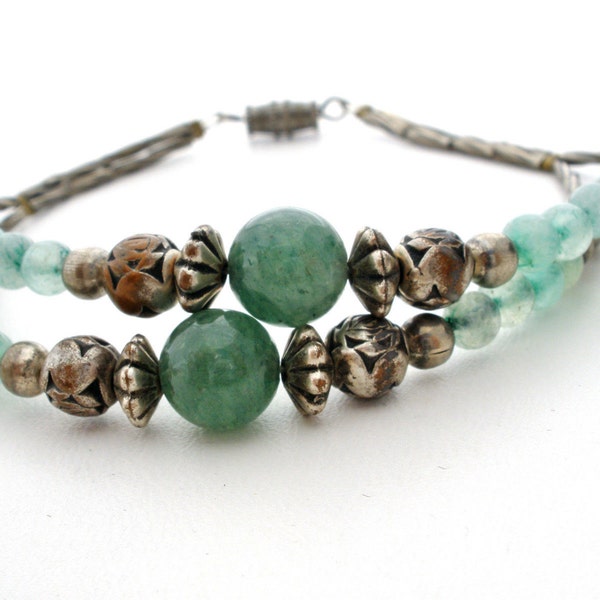 Green Aventurine Bracelet Silver Plated Rose Beads 7 1/2" Vintage