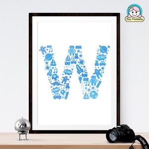 May include: A printable wall art design featuring the letter W made up of blue and white icons of toys, stars, and other playful objects.