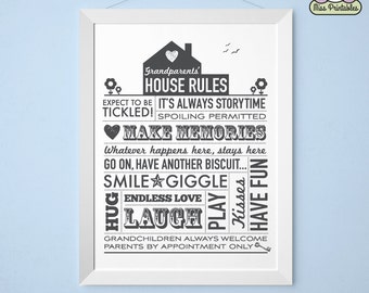 Puede incluir: Un cartel imprimible en blanco y negro con el texto "Reglas de la casa de los abuelos" y una lista de reglas para los nietos, que incluyen "¡Prepárate para que te hagan cosquillas!" y "Anda, toma otra galleta..."