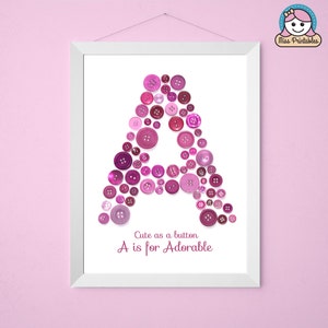 Impresión artística con monograma: A es para la inicial de pared de niño y niña adorable. Cartel de monograma. Arte de pared imprimible. Impresión de letras de guardería.