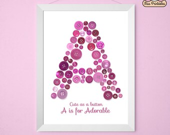 Monogram Art Print - A is for Adorable  Baby boy and girl wall initial. Monogram poster. Printable wall art. Nursery letter print.