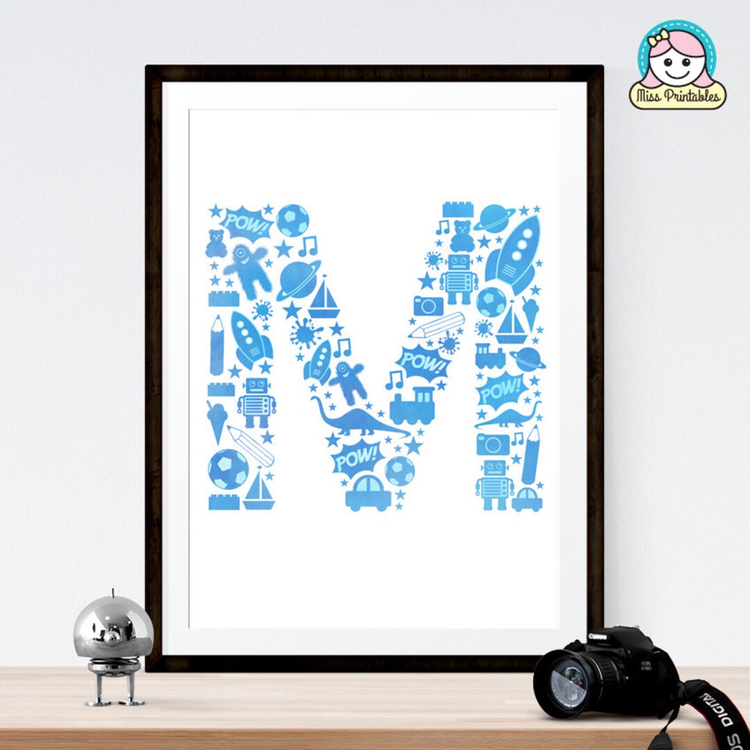 Monogram Art Print - Blue Letter M With Child's Icons. Boy or Girl Wall ...