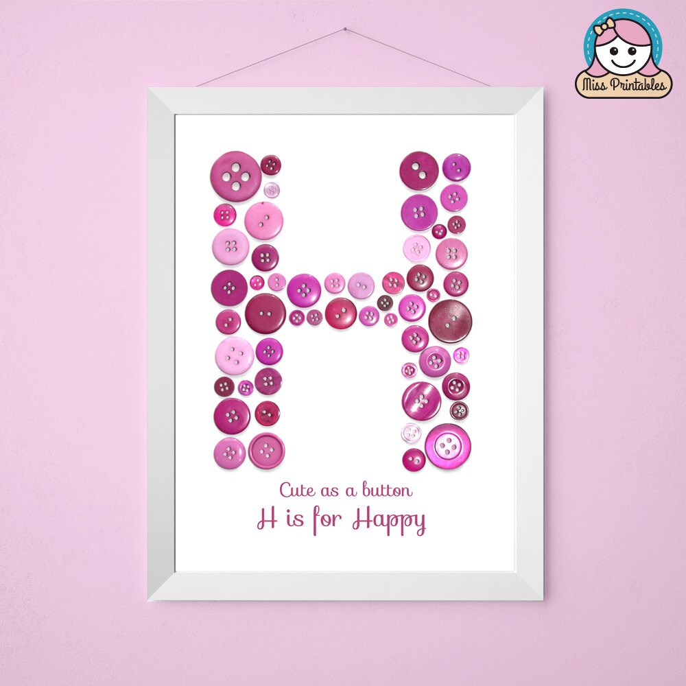 Letter H printable cute button art - H is for Happy - Great for babies nurseries and children's bedrooms