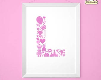 Monogram Art Print - Pink letter L with child's icons. Monogram poster. Printable wall art. Nursery letter print.