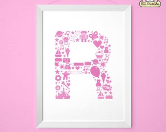 Monogram Art Print - Pink letter R with child's icons. Monogram poster. Printable wall art. Nursery letter print.