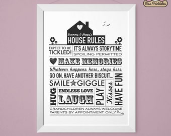 Grammy & Poppy's House Rules druckbares Poster in grau und charcoal. Sofortiger Download. 20x28cm