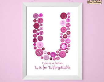 Letter U printable cute button art - U is for Unbelievable - Great for babies nurseries and children's bedrooms