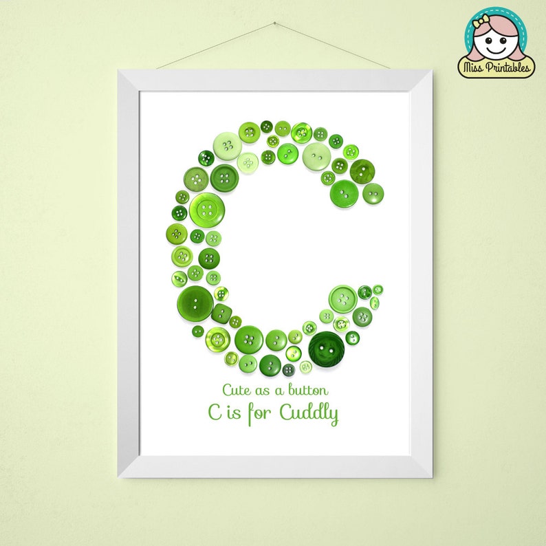 Monogram letter C printable cute button art C is for Cuddly Great for babies nurseries and children's bedrooms image 3