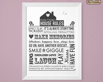 Grammy & Grandpa's House Rules druckbares Poster in Orange und Kohle. Sofortiger Download. 20x28cm