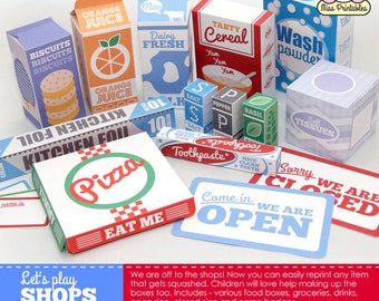 FOOD packaging printable, for children's pretend play. Printable templates.