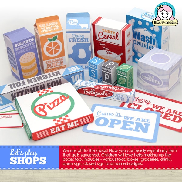Envases de ALIMENTOS imprimibles, para juegos de simulación infantiles. Plantillas imprimibles.