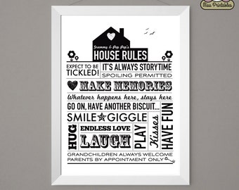 Póster imprimible de Grammy & Pop Pop's House Rules en gris y negro. Descarga instantánea. 8x10 pulgadas