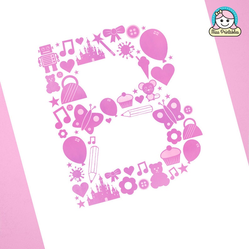 monogram art print pink letter b with childs icons etsy