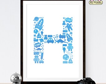 Monogram Art Print - Blue letter H