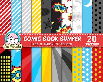 COMIC BOOK Superhero digital paper pack printable, pattern designs for DIY craft & scrapbooking - instant download. 12" x 12" Comic book