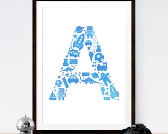 Monogram Art Print - Blue letter A with child&#39;s icons. Boy and girl wall initial. Monogram poster. Printable wall art. Nursery letter print.