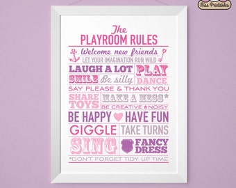 PLAYROOM RULES printable poster in pinks and purples. Instant download. Perfect for the children's room. In 3 sizes!