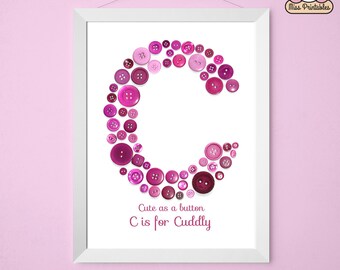 Monogram letter C printable cute button art - C is for Cuddly Great for babies nurseries and children's bedrooms