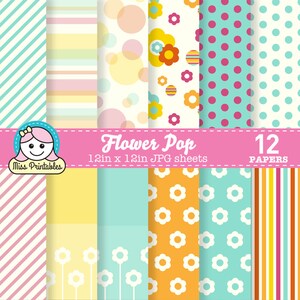 Flower Pop Papier zum ausdrucken, ausschneiden und drucken, Muster-Designs für DIY Basteln & Scrapbooking - sofort Download. 12 &quot;x 12&quot; Helles Blumenthema