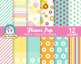 Flower Pop digital paper pack printable, pattern designs for DIY craft & scrapbooking - instant download. 12" x 12" Bright floral theme