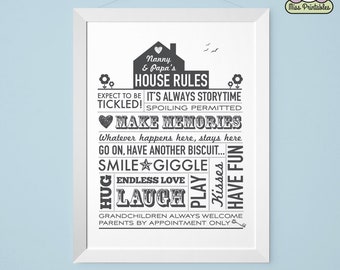 Nanny and Papa's House Rules printable in charcoal. Perfect family gift for your loved ones.