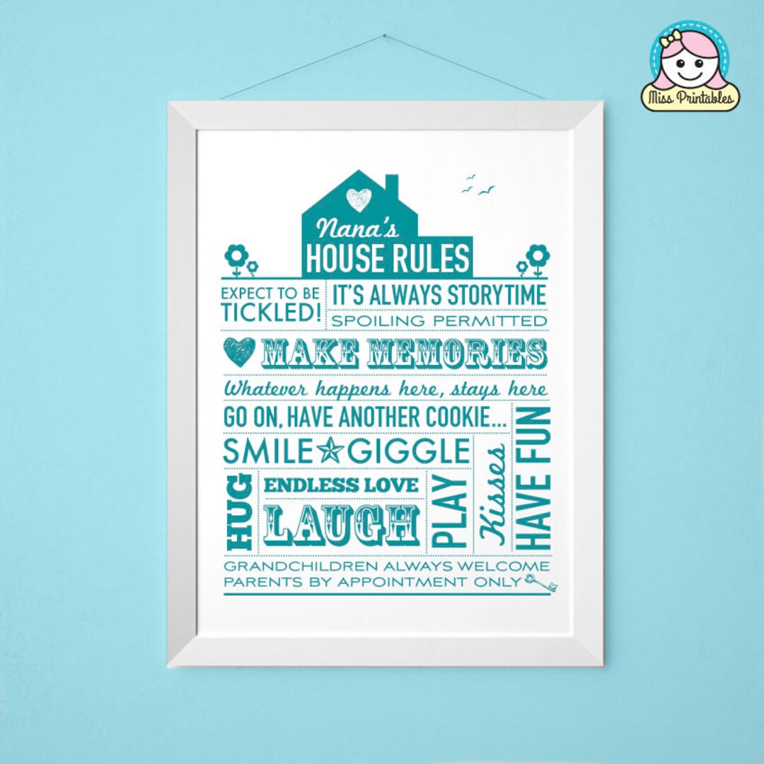 Nana's House Rules Printable in Teal. Perfect Family Gift Etsy