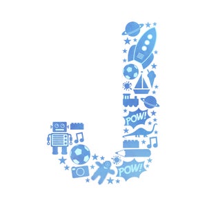 Impresión de arte monograma: letra J azul con íconos infantiles. Inicial de pared de niño o niña. Cartel de monograma. Arte de pared imprimible. Impresión de letras de guardería.