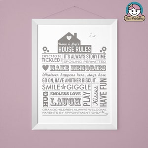 Nana and Pop's House Rules printable in light grey. Perfect family gift for your loved ones.
