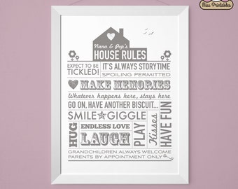 Nana and Pop's House Rules printable in light grey. Perfect family gift for your loved ones.