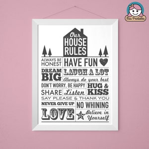 Our House Rules printable poster in grey, extra large. Instant download. Perfect family gift for your home. House rules sign 35x45cm