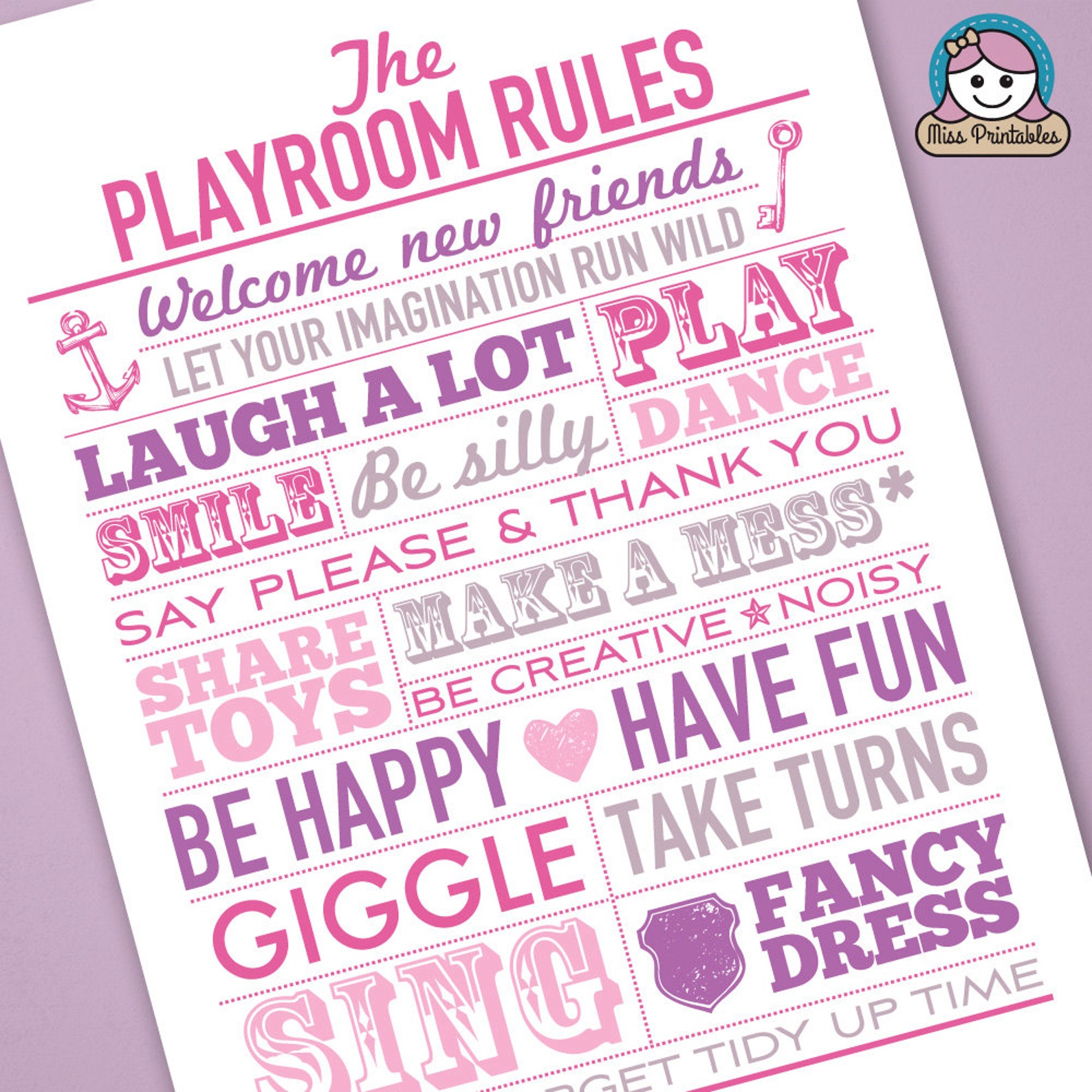 PLAYROOM RULES Printable Poster in Pinks and Purples. Instant Etsy