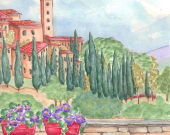 Tuscany Watercolor Print: Italian Landscape Art