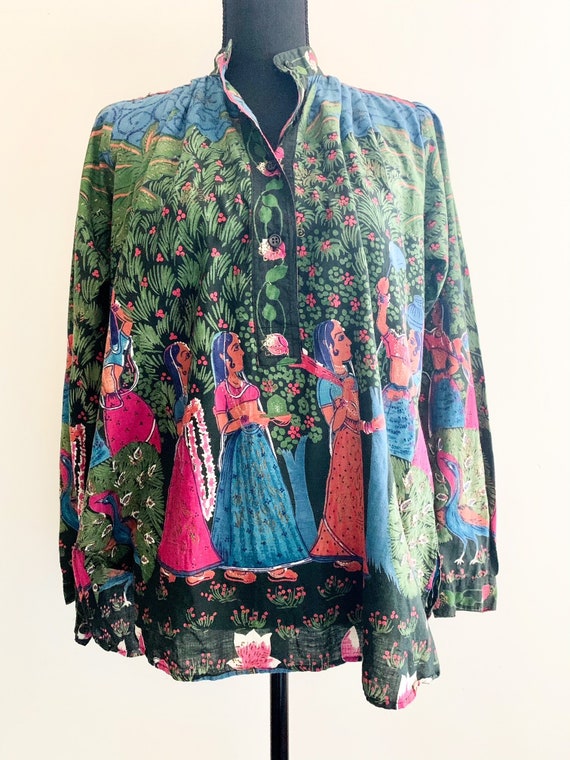 1970s Devotional Scenic Print Blouse