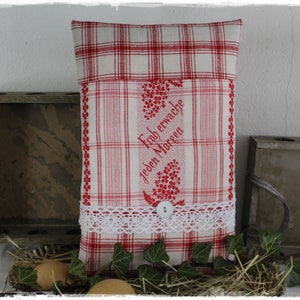 Lavender pillow scented pillow made of antique farmer's fabric decorated with saying and laundry button RED white handmade by lavendelherzl image 1