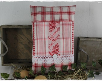Lavender pillow scented pillow made of antique farmer's fabric decorated with saying and laundry button RED white handmade by lavendelherzl
