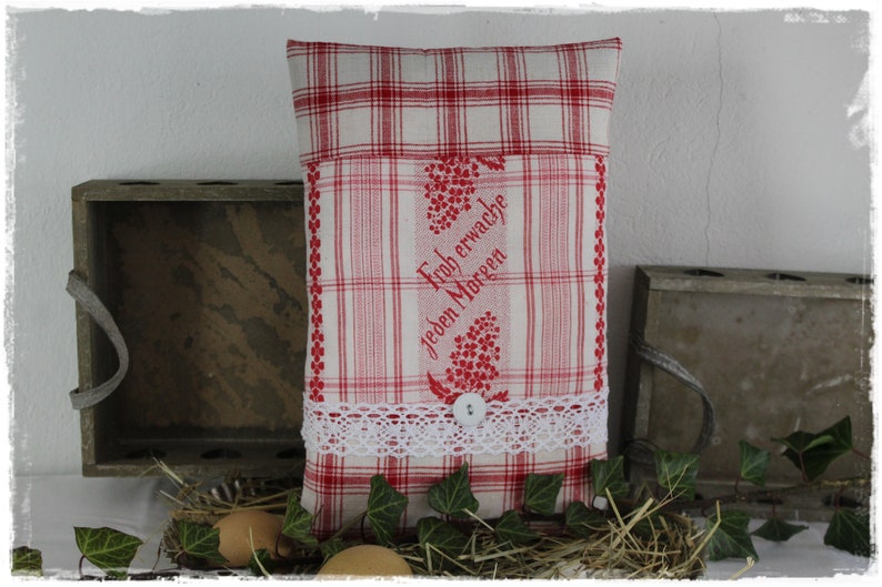 Lavender pillow scented pillow made of antique farmer's fabric decorated with saying and laundry button RED white handmade by lavendelherzl image 1