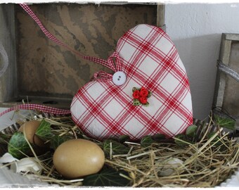 Lavender heart made of VINTAGE farmer's fabric red gift tag door wreath country house style SHABBYchic handmade by lavendelherzl