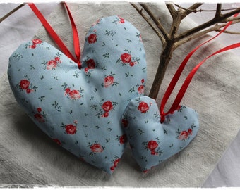 Lavender hearts 2 pieces red blue with rose pattern gift decoration country style handmade by lavendelherzl