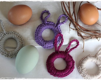 Egg holder napkin rings spring Easter decoration Lanfhaus style colorful crocheted