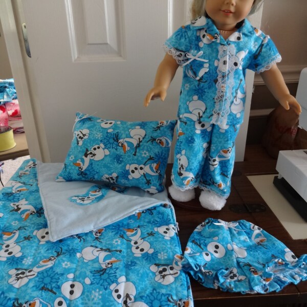 American Girl or 18 in doll 6 piece "Olaf" Sleep Set, Pajama Top, Long / short Bottoms with white Slippers. Sleeping Bag, matching pilow