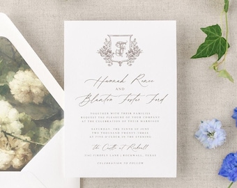 Regal Monogram Blumenkamm Hochzeitseinladungsvorlage, moderne Kalligraphie, traditionelle Einladungsreihe, druckbare, bearbeitbare Einladung