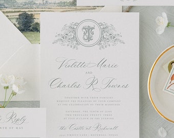 Elegant Botanical Monogram Crest Wedding Invitation Template, Traditional Calligraphy Invitation Suite, Printable, Editable Invitation