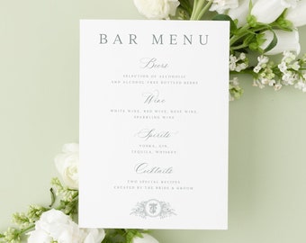 Bar-Zeichen-Vorlage, elegantes botanisches Monogramm-Kamm-Hochzeitstag-der Briefpapier-Vorlage, druckbar, bearbeitbar, anpassen, Cocktail-Zeichen