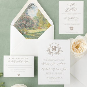 Double Monogram Botanical Crest Wedding Invitation Template, Modern Calligraphy Invitation Suite, Printable, Editable Invitation